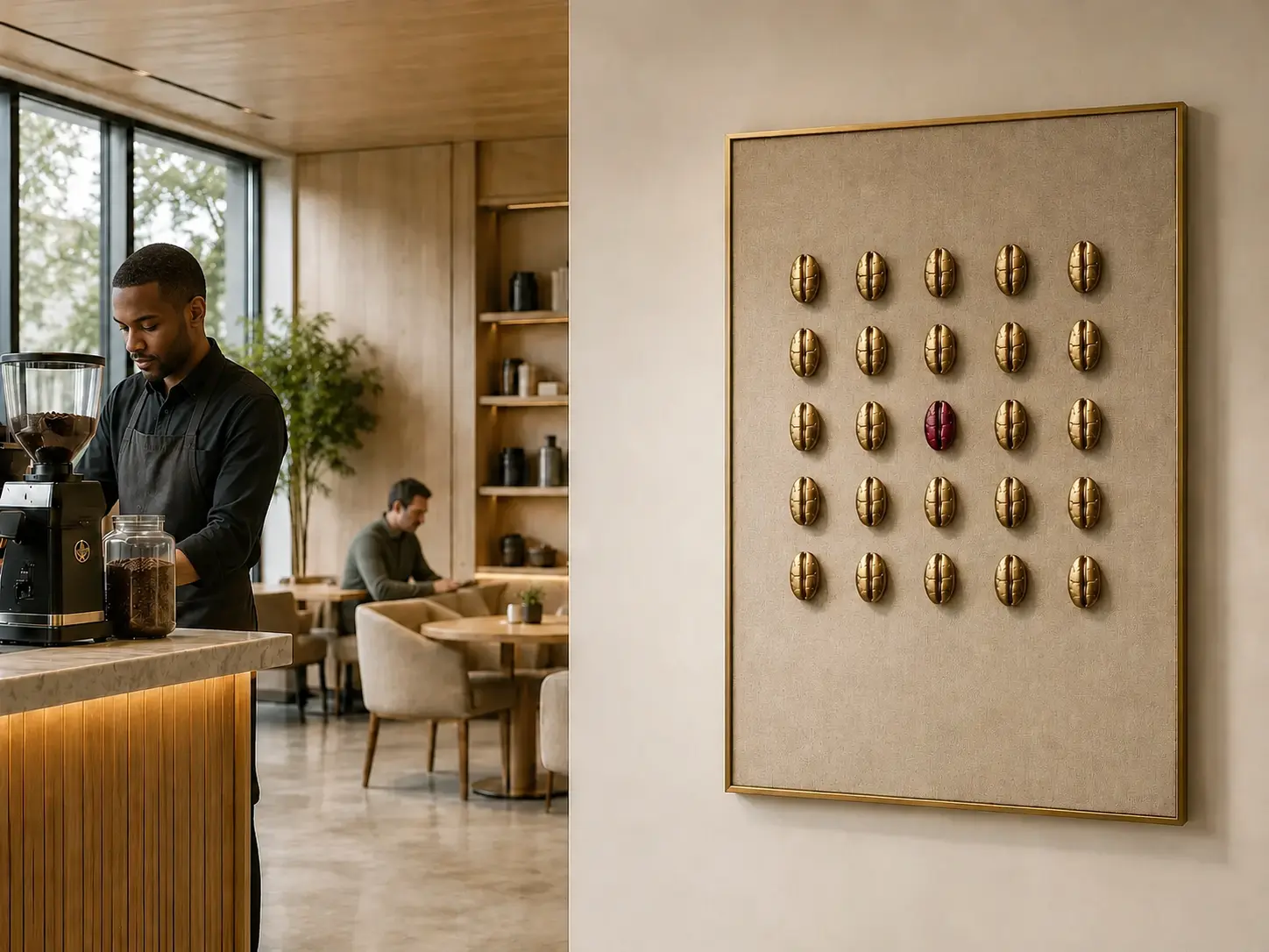 Sculptural coffee wall object in a bright refined hospitality interior