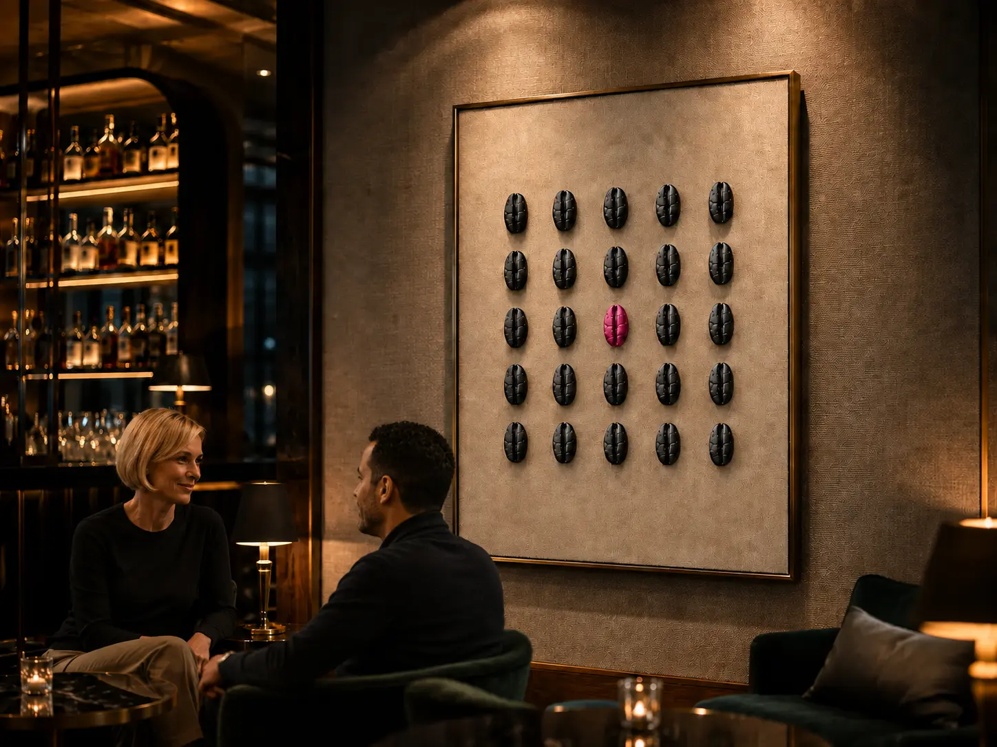 Sculptural coffee wall object in a moody hotel lounge