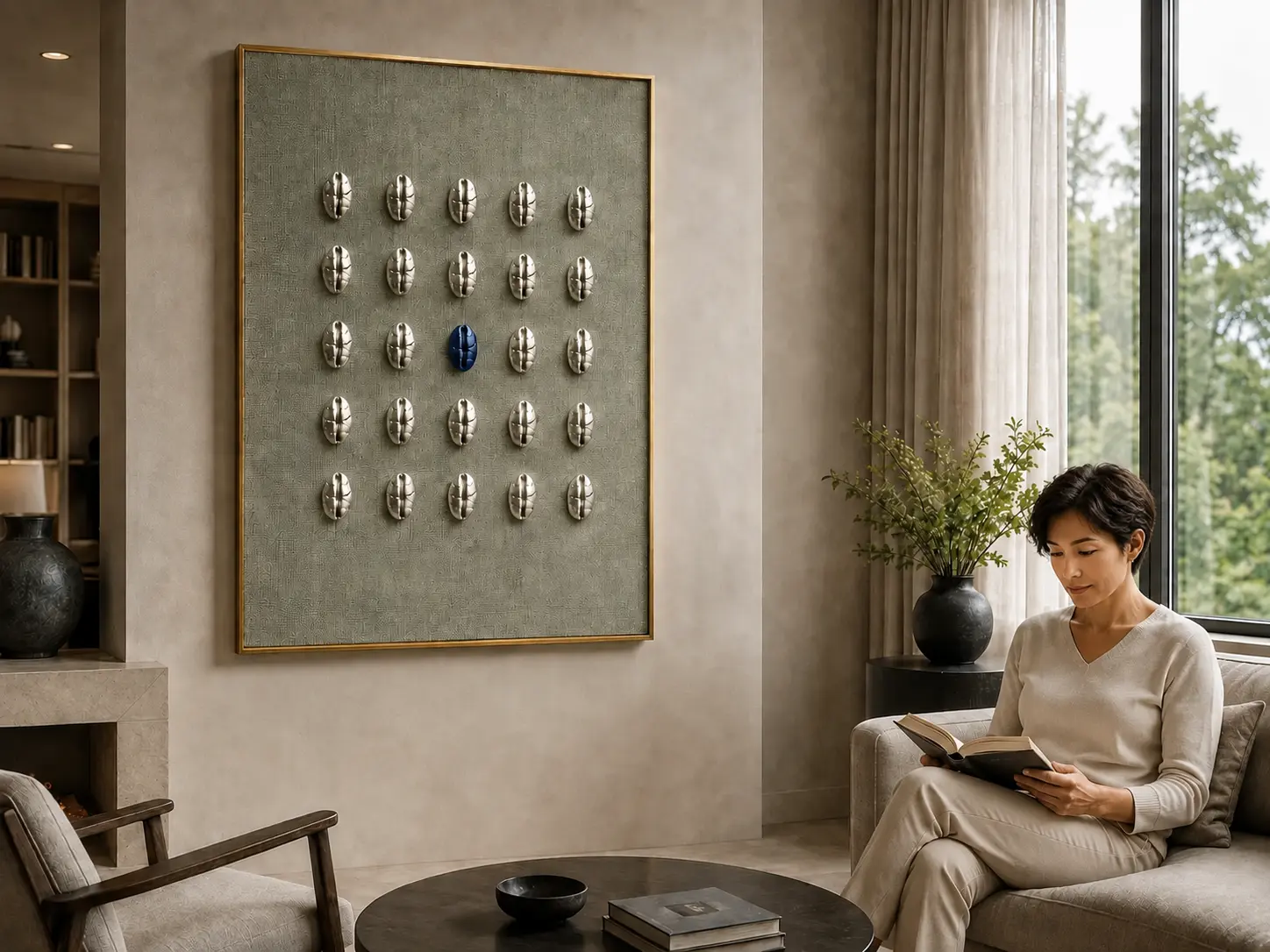 Sculptural coffee wall object in a calm refined hospitality interior