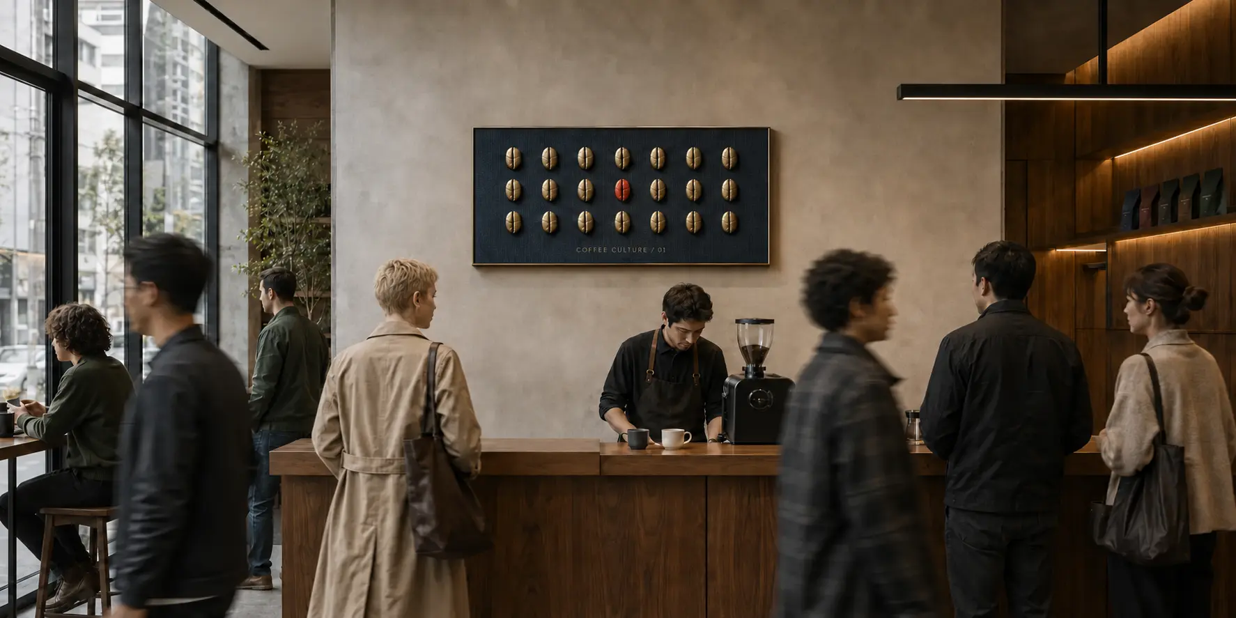 Coffee Culture wall object integrated into a lively urban hospitality space