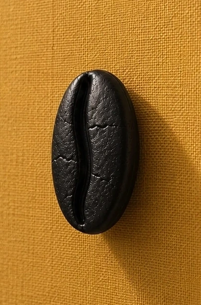 Black sculptural coffee form on ochre linen