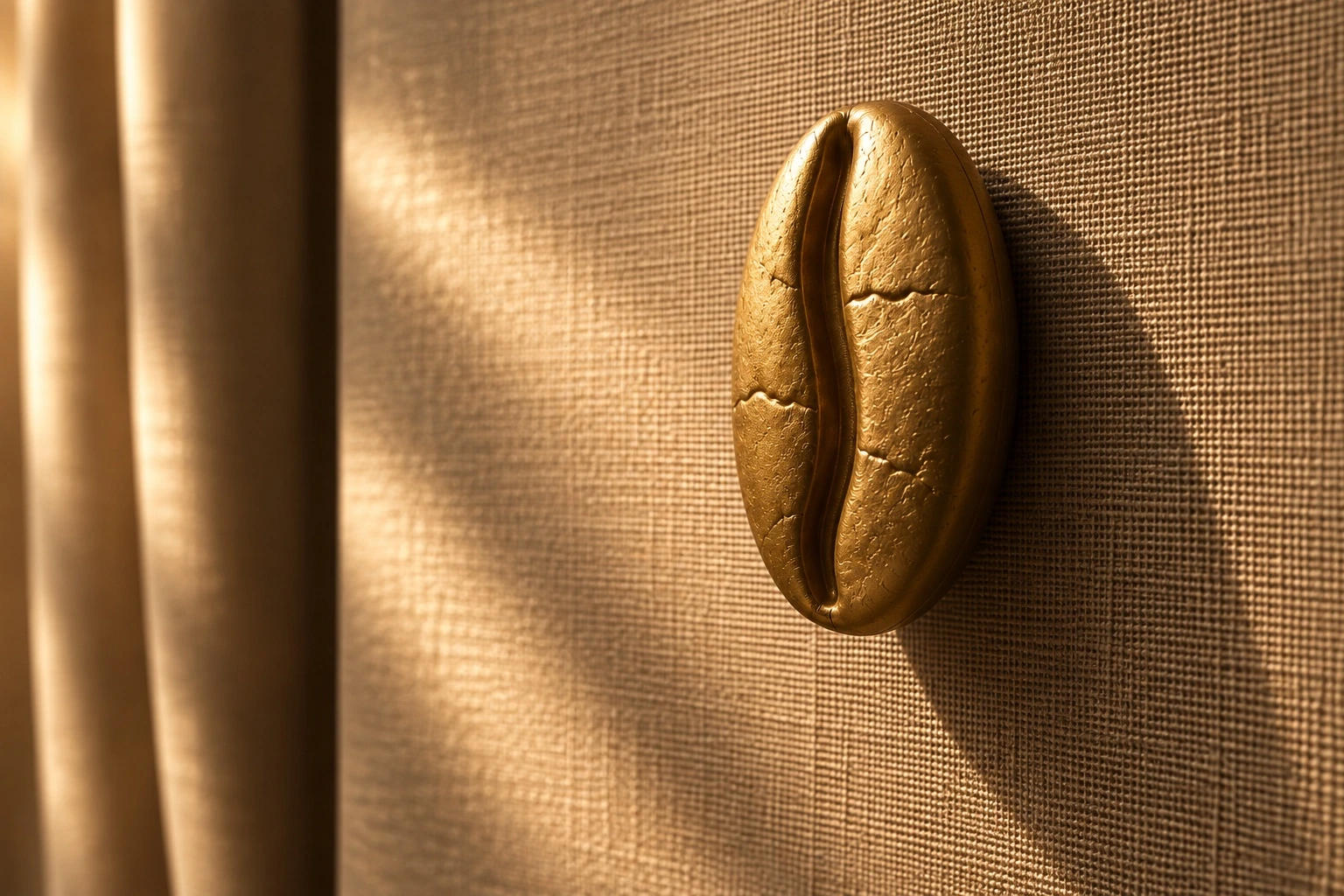 Champagne gold sculptural coffee form on tactile woven linen in warm directional light